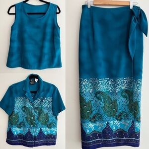 RUSSELL SCOTT 3 Piece Separates Tank Lined Wrap Maxi Skirt Button Front Blouse